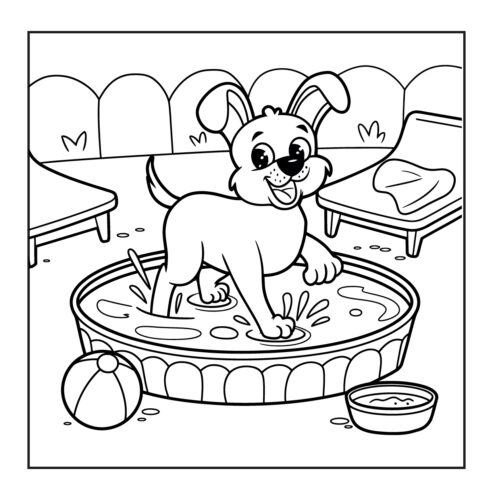 Puppy wading or splashing in kiddie pool on sunny day