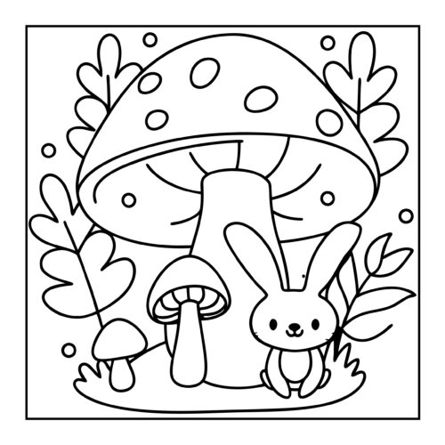 Rabbit beside mushroom with plants and leaves