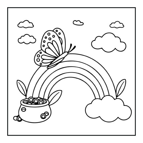 Rainbow with pot of gold and butterfly resting