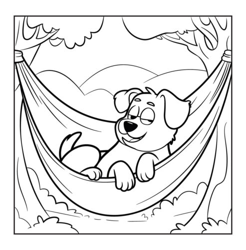 Relaxed dog lounging in hammock between trees in outdoor setting