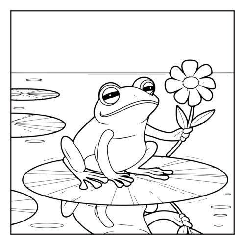 Romantic frog holding flower on lily pad