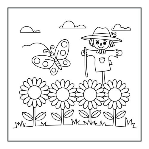 Scarecrow figure with butterfly in garden of sunflowers