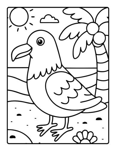 Seagull on beach with palm, sun and waves