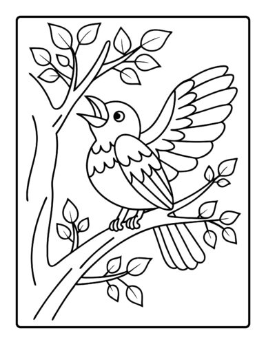 Singing bird on leafy branch