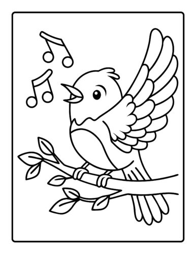 Singing bird with music notes on leafy branch