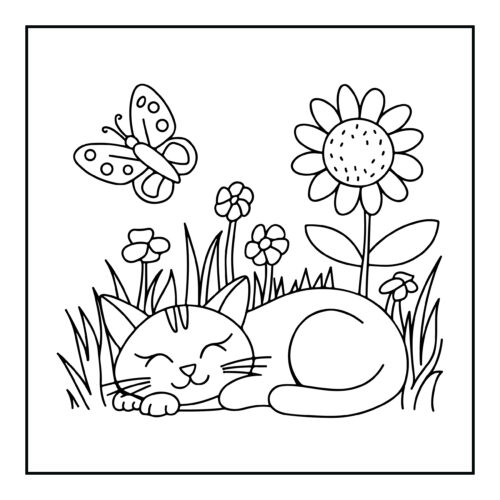 Sleeping cat with butterfly and flowers in garden