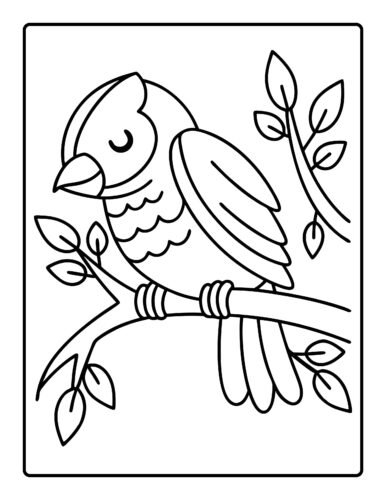 Sleepy bird on leafy branch with closed eyes