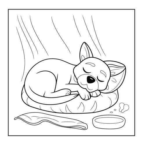 Sleepy puppy curled up on dog bed next to toy