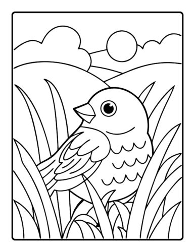 Small bird in grass landscape with sun