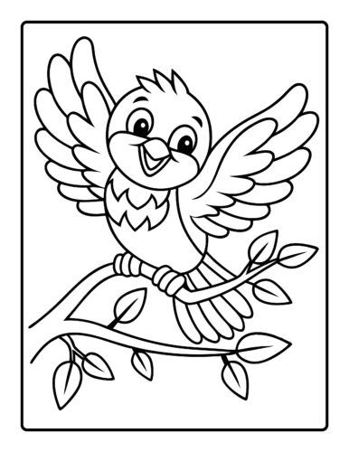 Small bird with spread wings on a leafy branch