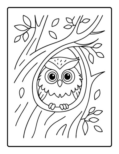 Small owl in tree trunk with falling leaves