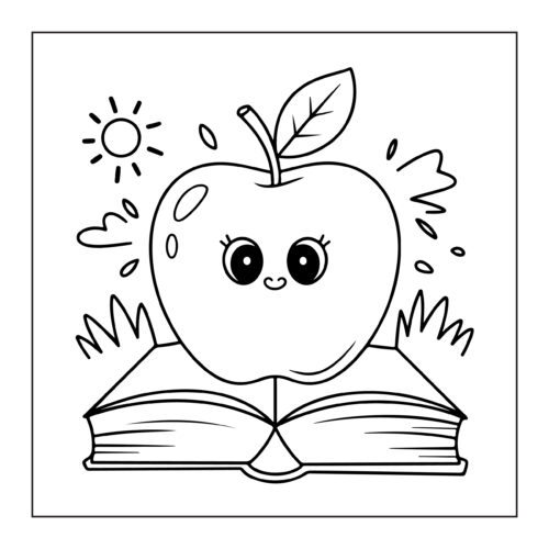 Smiling apple on open book