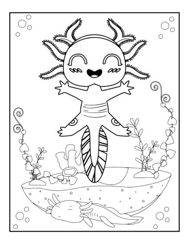 Smiling axolotl floating peacefully in aquarium bubble scene