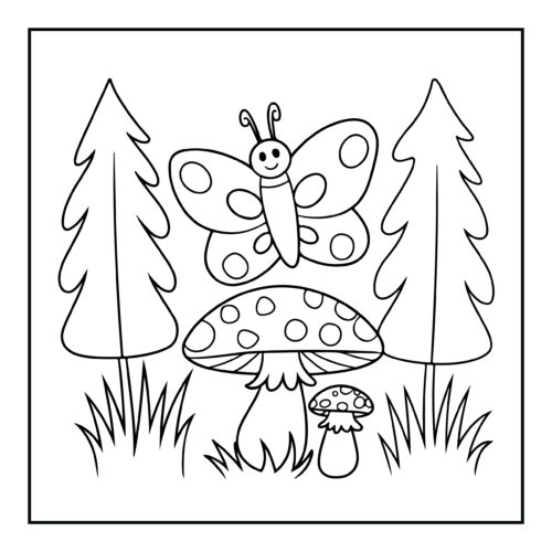 Smiling butterfly flying above spotted mushrooms between pine trees