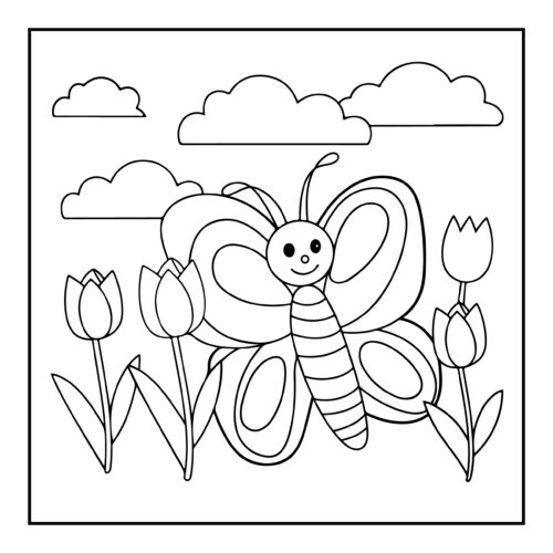 Smiling butterfly with striped body among tulip flowers