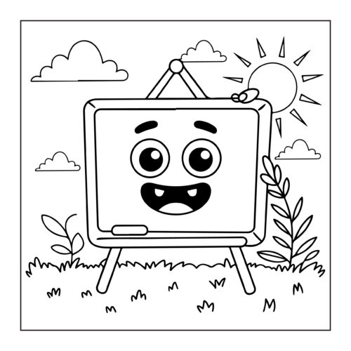 Smiling chalkboard character with sun and clouds
