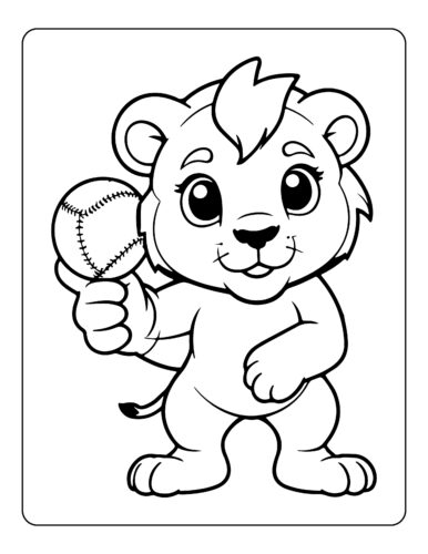 Smiling lion cub holding a baseball in paw