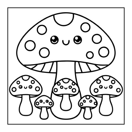 Smiling mushroom family with spotted caps