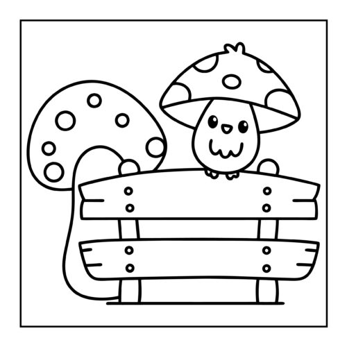 Smiling mushroom with wooden fence, bird character