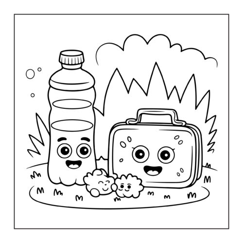 Smiling water bottle and lunchbox characters outside