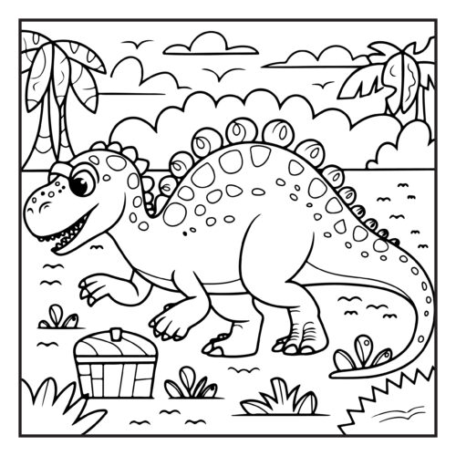 Spotted dinosaur discovering treasure chest on tropical island