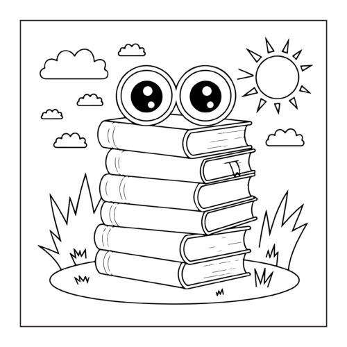 Stack of books with big eyes outdoors