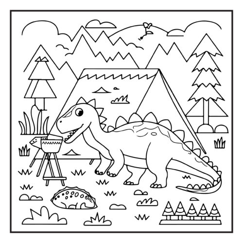 Stegosaurus camping with grill and tent in mountains