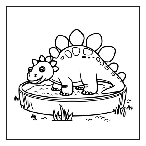 Stegosaurus playing in sandbox or wading pool