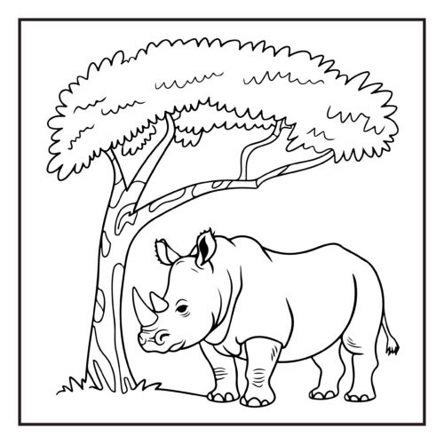 Strong rhinoceros standing beneath large shady tree