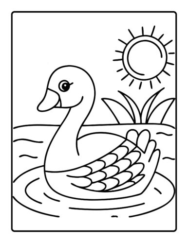 Swan swimming with sun and cattails in background