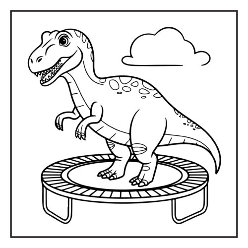 T Rex jumping on trampoline under cloud sky