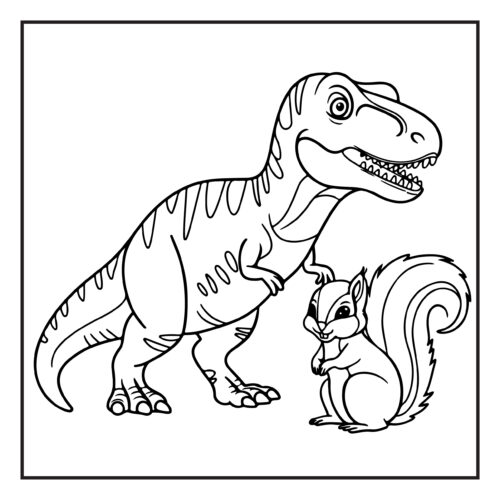 T Rex meeting friendly squirrel in forest setting