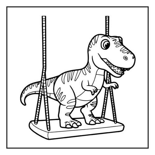 T Rex riding on swing beneath playground equipment