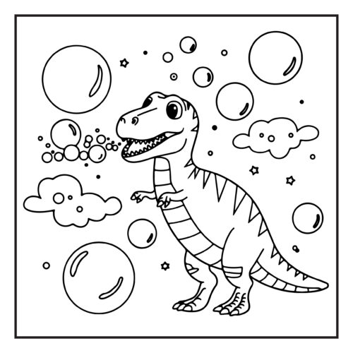 T Rex surrounded by bubbles in whimsical sky scene