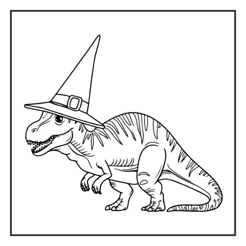 T Rex wearing a witch wizard hat