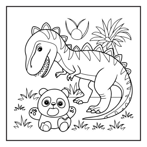 T Rex with baby panda in tropical jungle environment