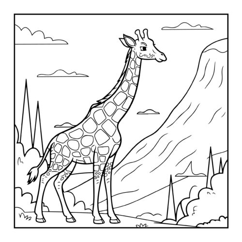 Tall giraffe in landscape with mountains and clouds