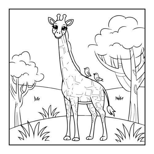 Tall giraffe with birds on back in nature