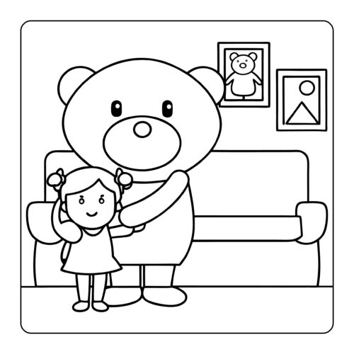 Teddy bear hugging child with framed pictures background