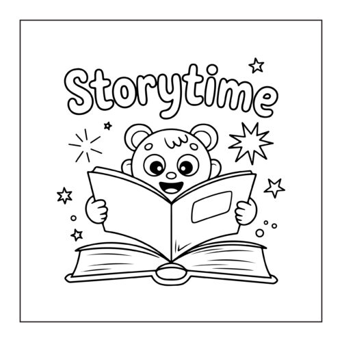 Teddy bear reading storybook with stars