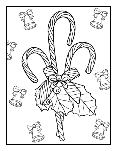 Three candy canes with holly leaves and bells