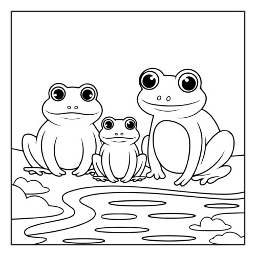 Three cute frogs sitting together by water