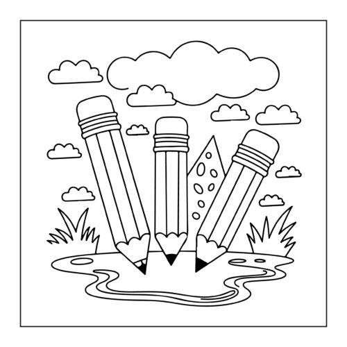 Three pencils standing in puddle with clouds