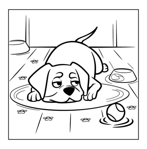 Tired puppy lying on dog mat looking bored or sleepy