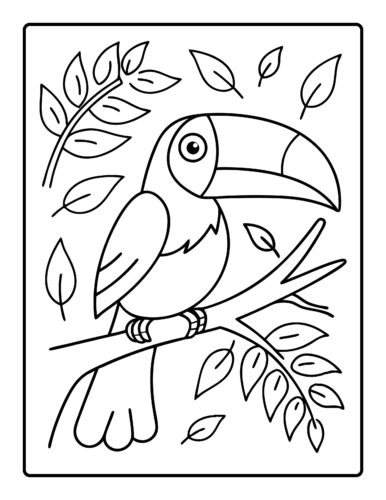 Toucan on branch with falling leaves