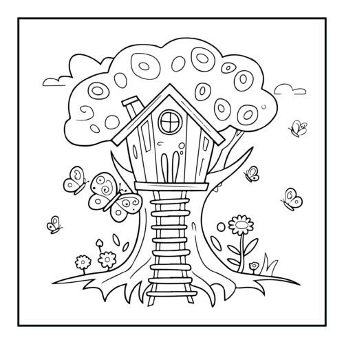 Treehouse in detailed tree with butterflies and flowers