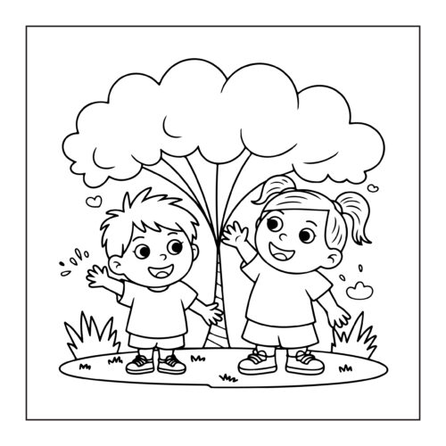 Two children standing under tree