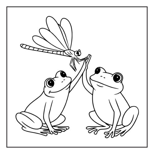 Two frogs sharing a dragonfly between them
