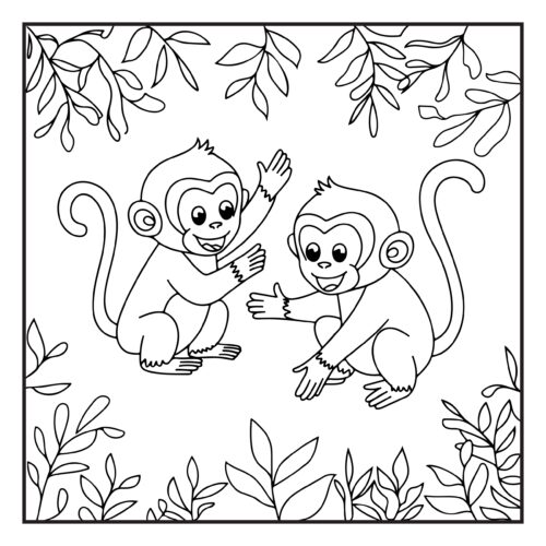 Two playful monkeys swinging through jungle leaves