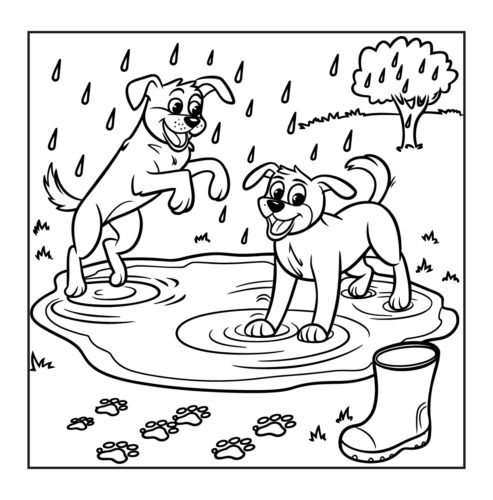 Two puppies playing together in rain puddle with pawprints nearby